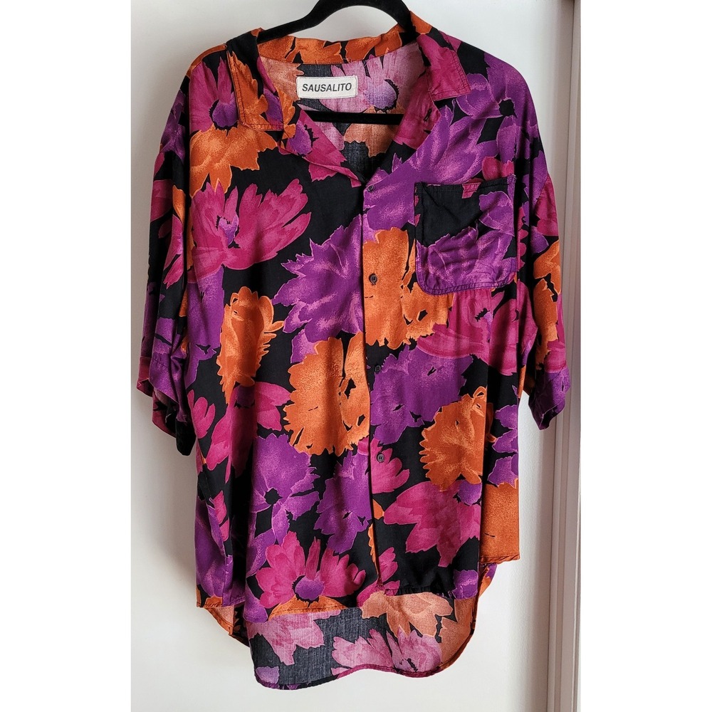 Sausalito Floral T-Shirt Black Purple Orange Collared Short Sleeve Vintage Top
